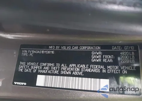 2011 Volvo S80 3.2 z USA, uszkodzony, nr VIN YV1940AS1B1138116